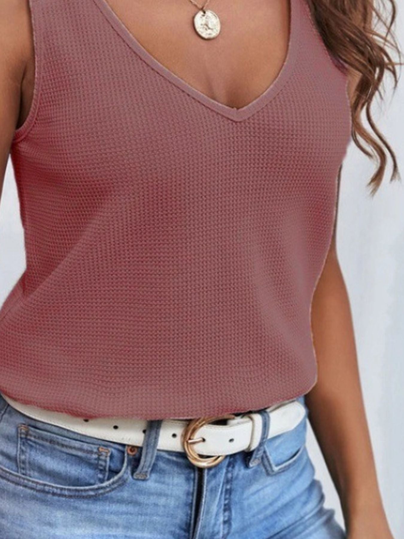 Women's waffle knit tank top with v-neck and lace trim, stylish and comfortable Trendsi top featured in the image.