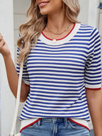 Striped casual T-shirt with contrast trim from Trendsi, showing a relaxed fit and stylish design in natural fabric.