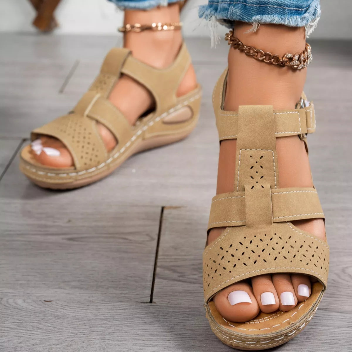 Open toe wedge sandals by Trendsi, stylish footwear with a comfortable wedge heel and open toe design, ideal for summer wear.