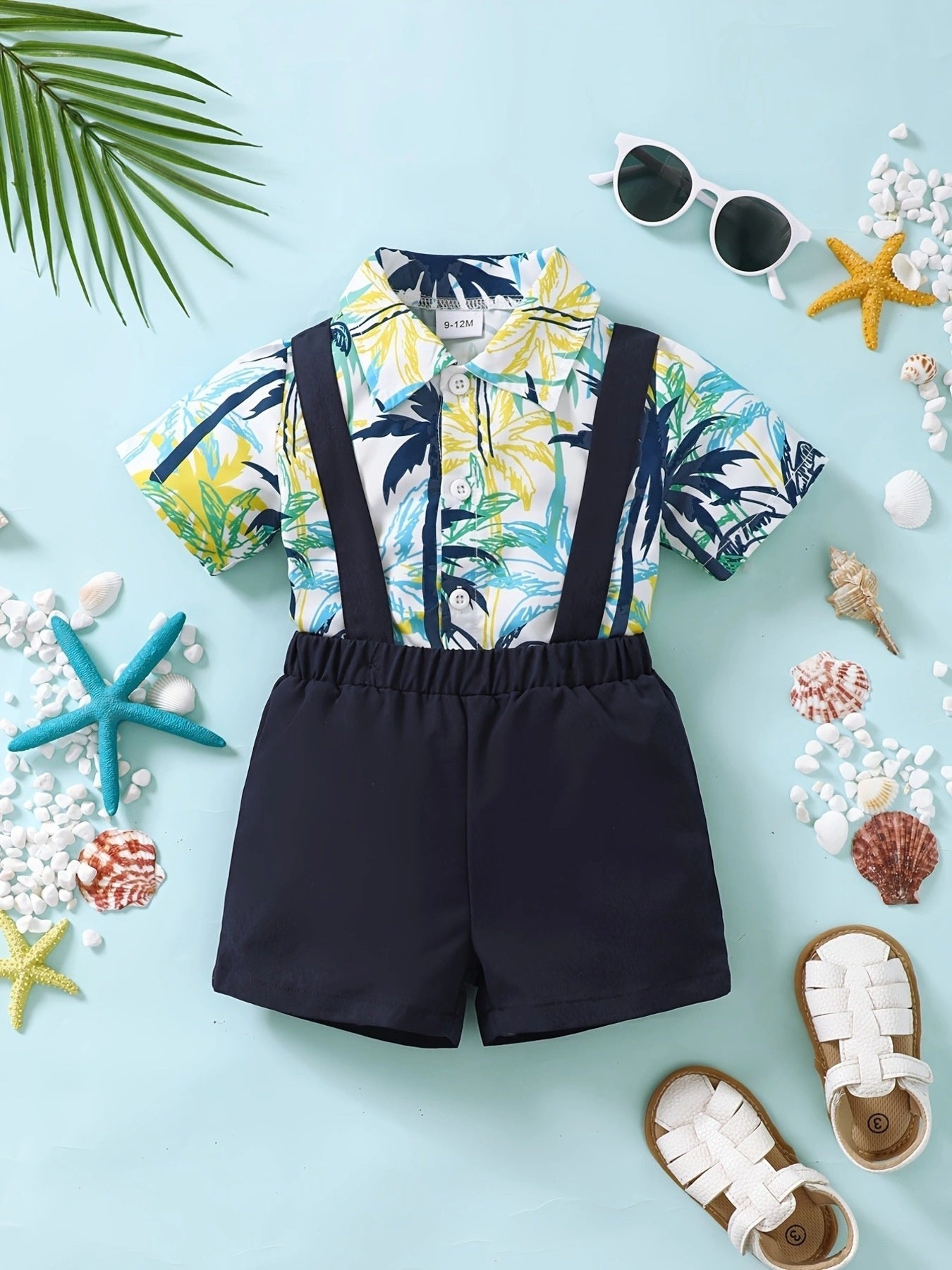 Children's Tropical Print Shirt & Suspender Shorts Set - Plush Fashion Hub