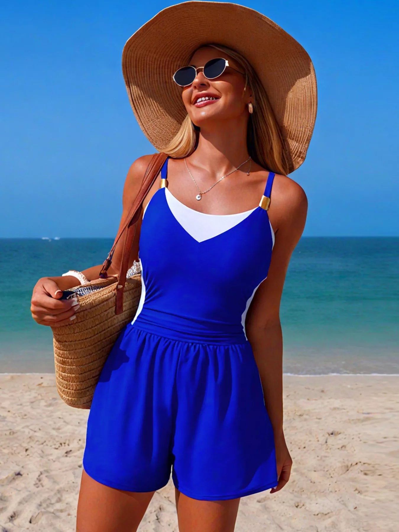 Color Block Adjustable Strap One - Piece Swimsuit for Women - Plush Fashion Hub