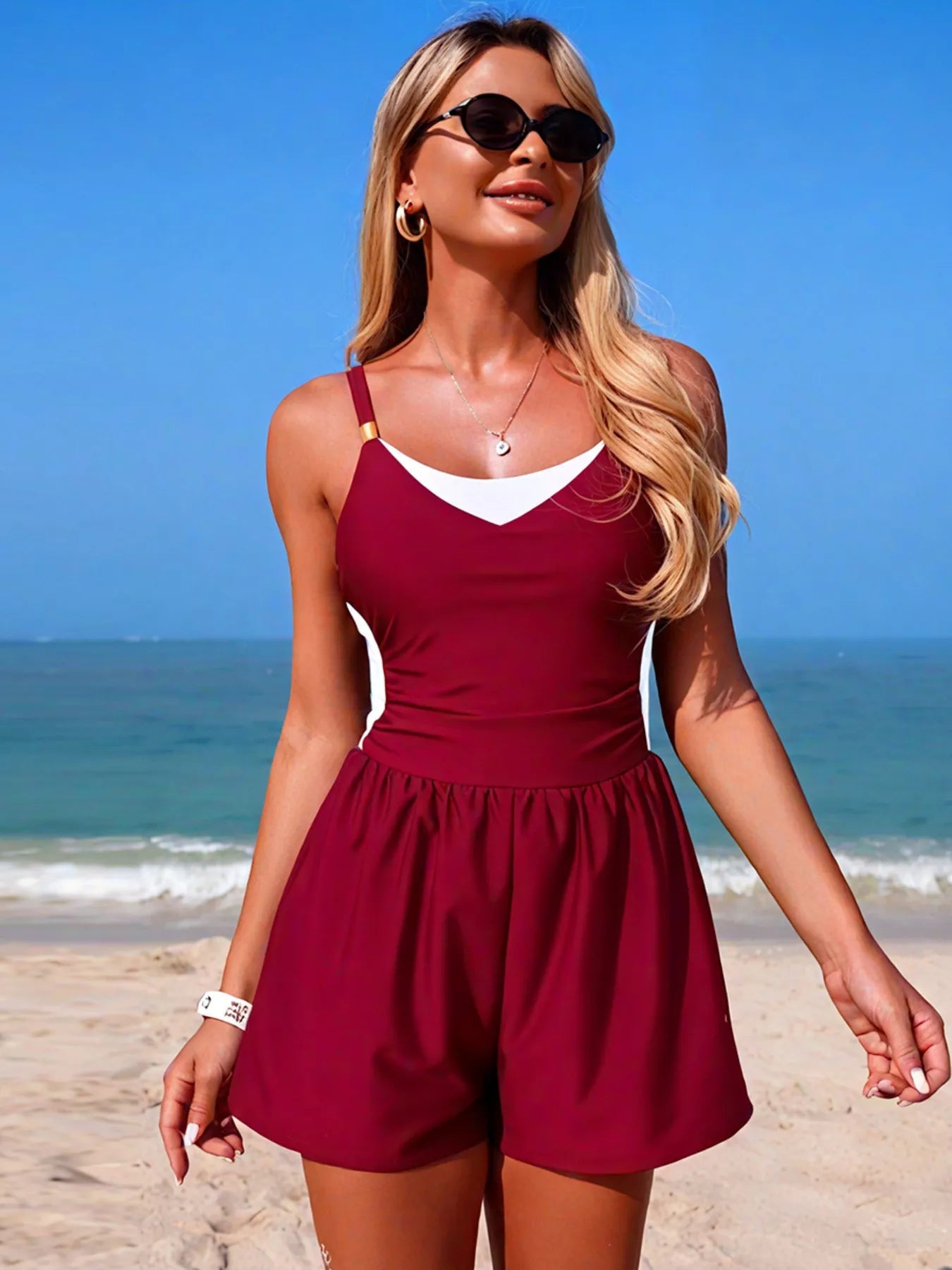 Color Block Adjustable Strap One - Piece Swimsuit for Women - Plush Fashion Hub