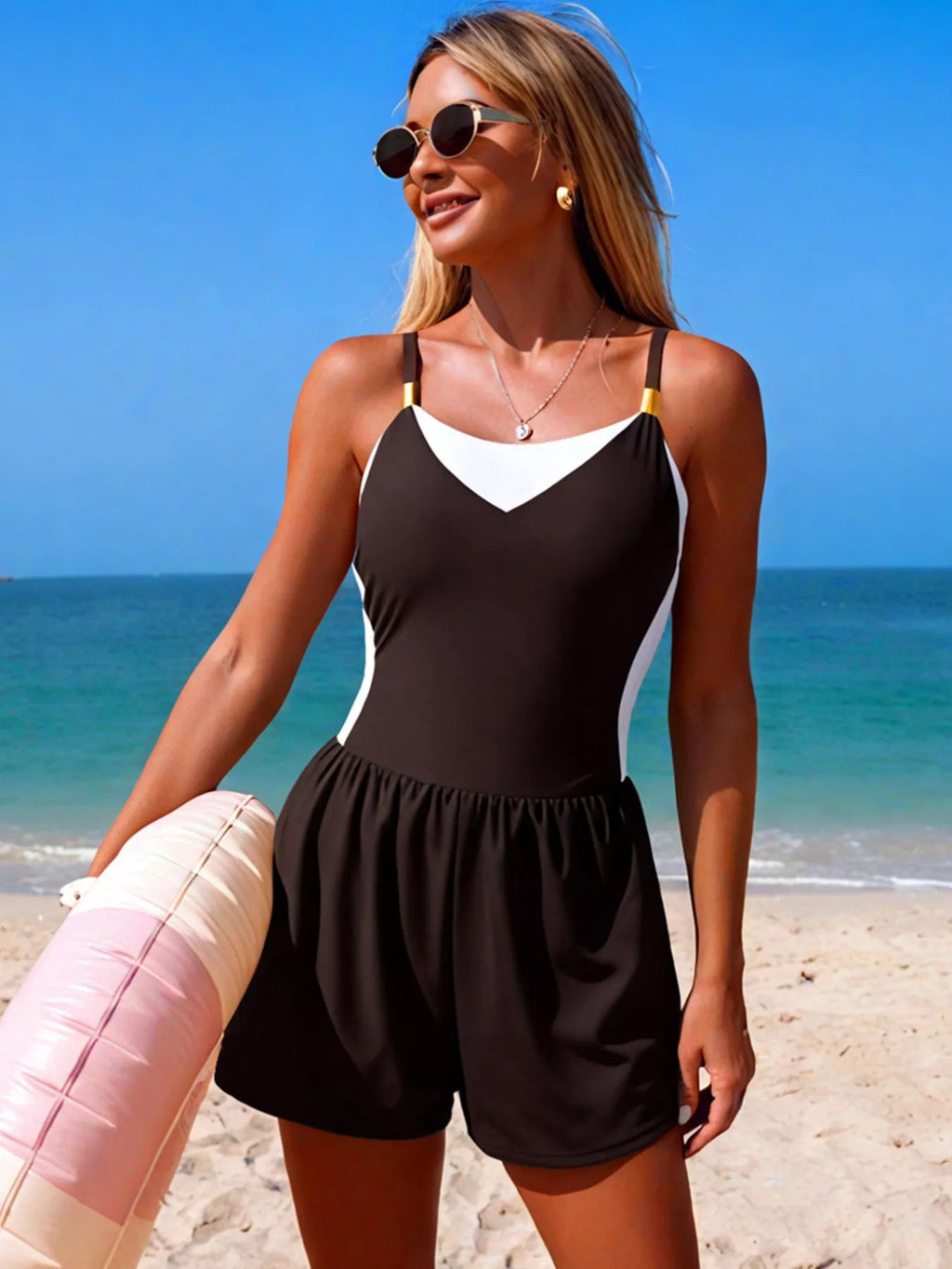 Color Block Adjustable Strap One - Piece Swimsuit for Women - Plush Fashion Hub