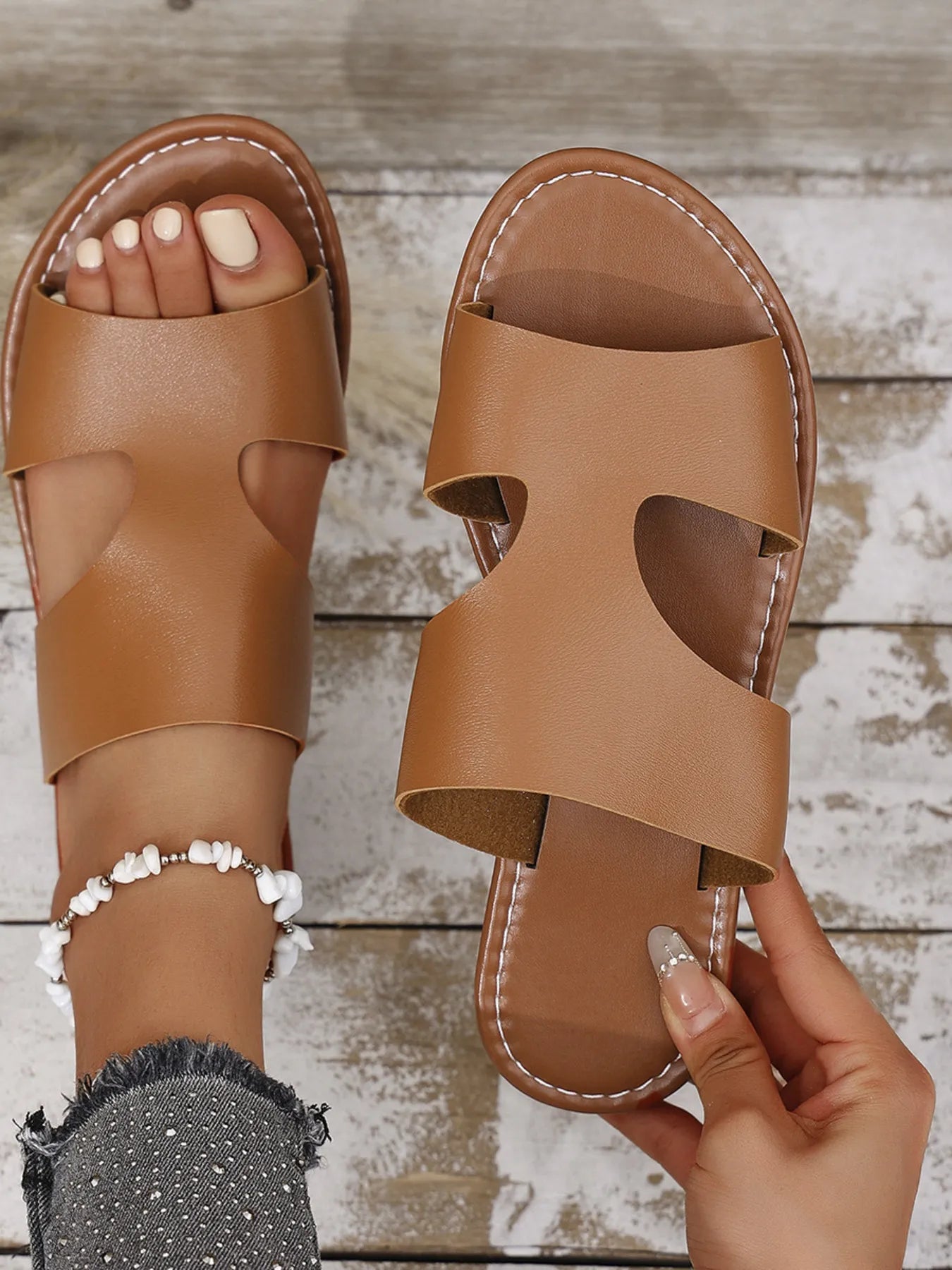Cutout Open Toe Flat Sandals - Plush Fashion Hub