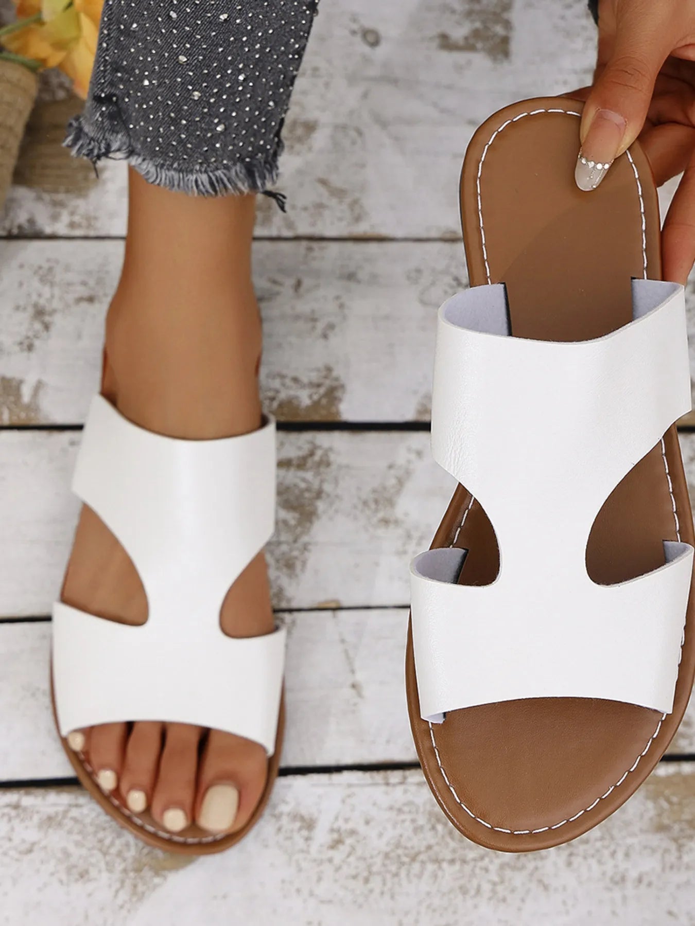 Cutout Open Toe Flat Sandals - Plush Fashion Hub
