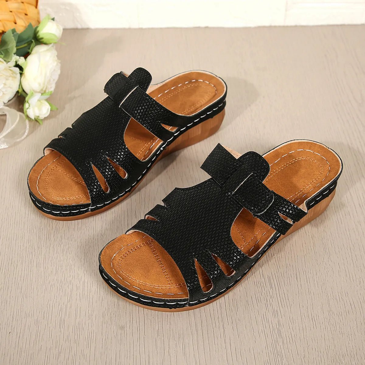 Cutout Open Toe Wedge Sandals - Plush Fashion Hub