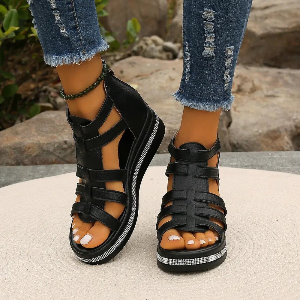 Cutout Rhinestone Trim Wedge Sandals - Plush Fashion Hub