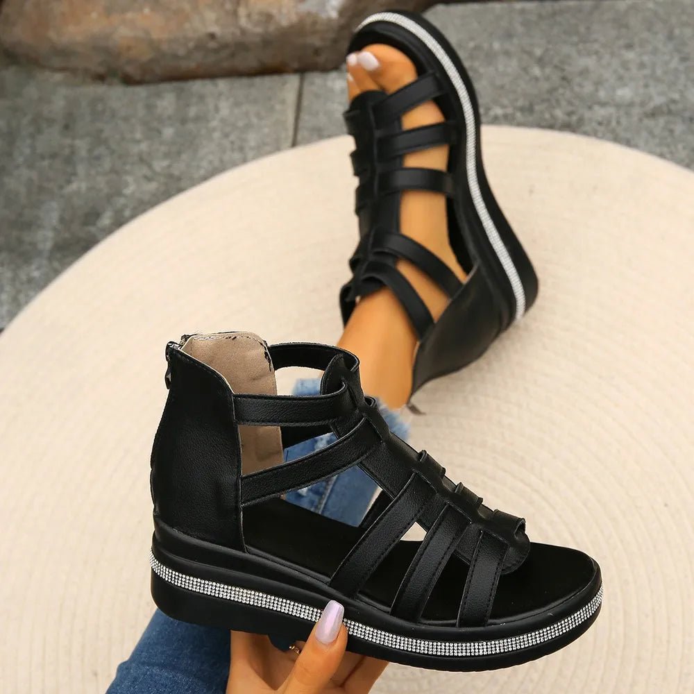 Cutout Rhinestone Trim Wedge Sandals - Plush Fashion Hub