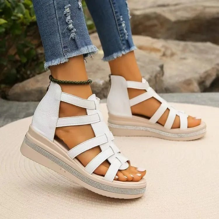 Cutout Rhinestone Trim Wedge Sandals - Plush Fashion Hub