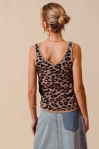 Women's leopard print lightweight V-neck knitted tank top by Trendsi, featuring a stylish leopard pattern and a comfortable fit.