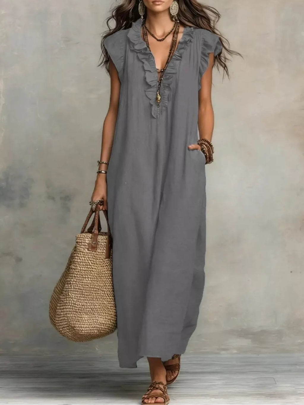 Plus size Trendsi ruffled V-neck cap sleeve maxi dress, full-length floral dress with flowing fabric and elegant ruffle details.