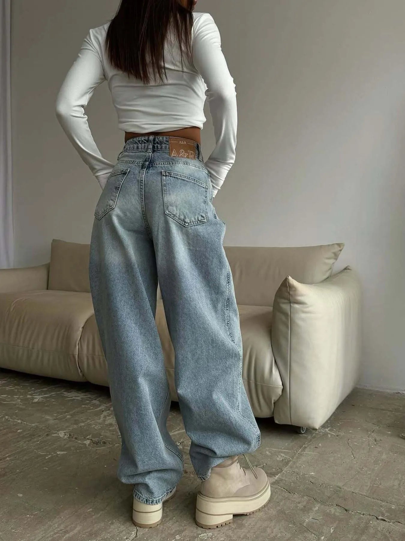 Plush Fashion Hub wide leg denim jeans with a relaxed fit, featuring classic blue wash and high waist design.