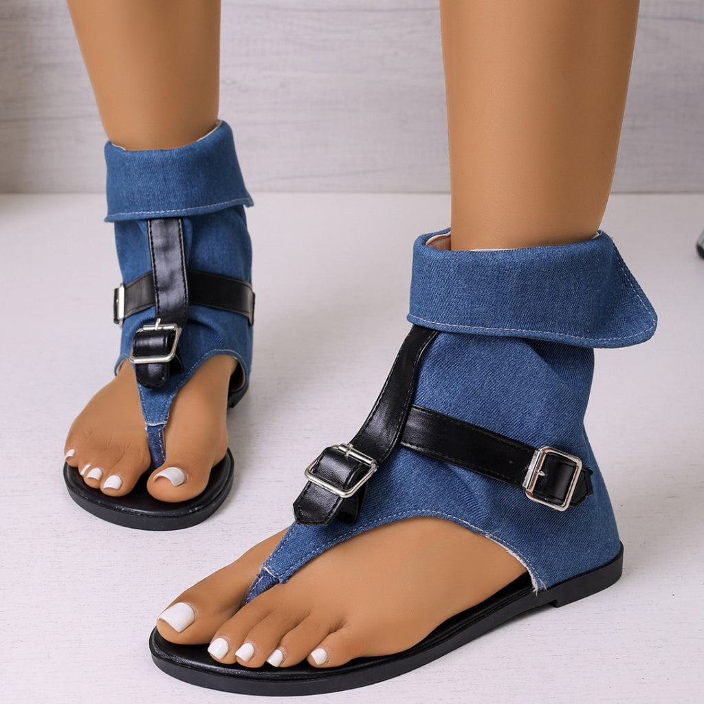 Plush Fashion Hub toe post buckle sandals with leather straps and adjustable buckle closure, perfect for casual summer wear.