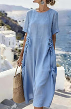 Women's Casual Cotton Linen Short-Sleeve Midi Dress