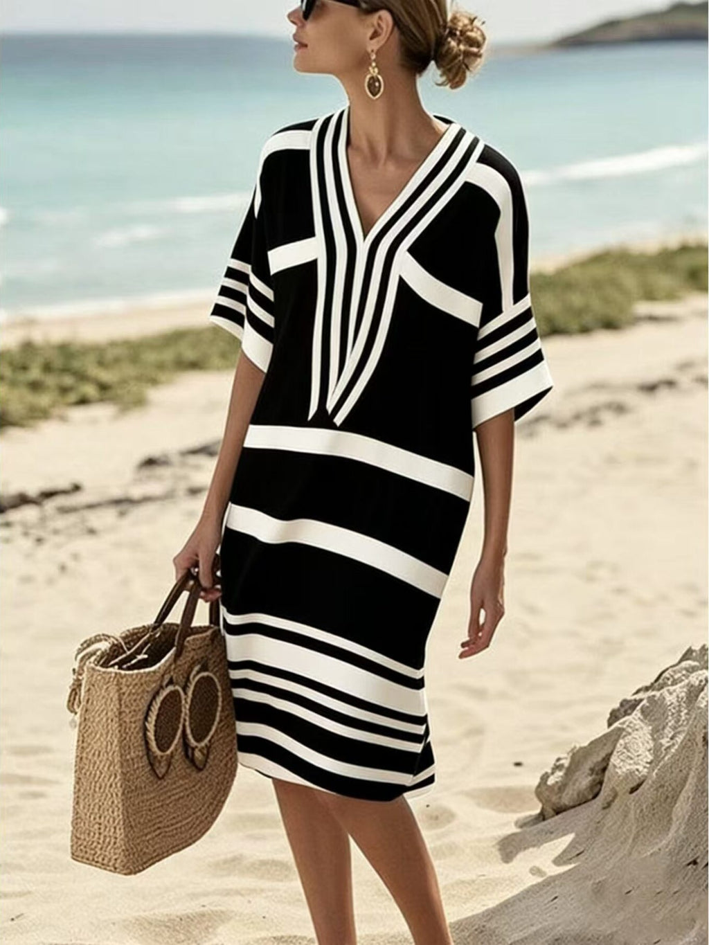 Plus size women's striped half-sleeve midi dress by Trendsi, casual chic everyday wear, featuring a comfortable, stylish design.