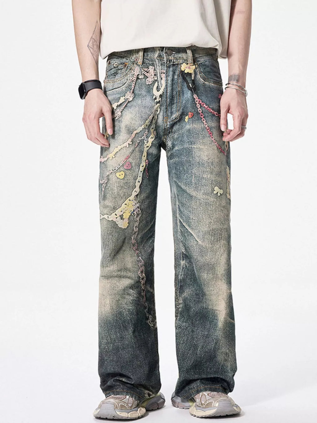 Men's wide leg denim jeans from Plush Fashion Shop with a relaxed fit and classic blue wash, shown on a model.
