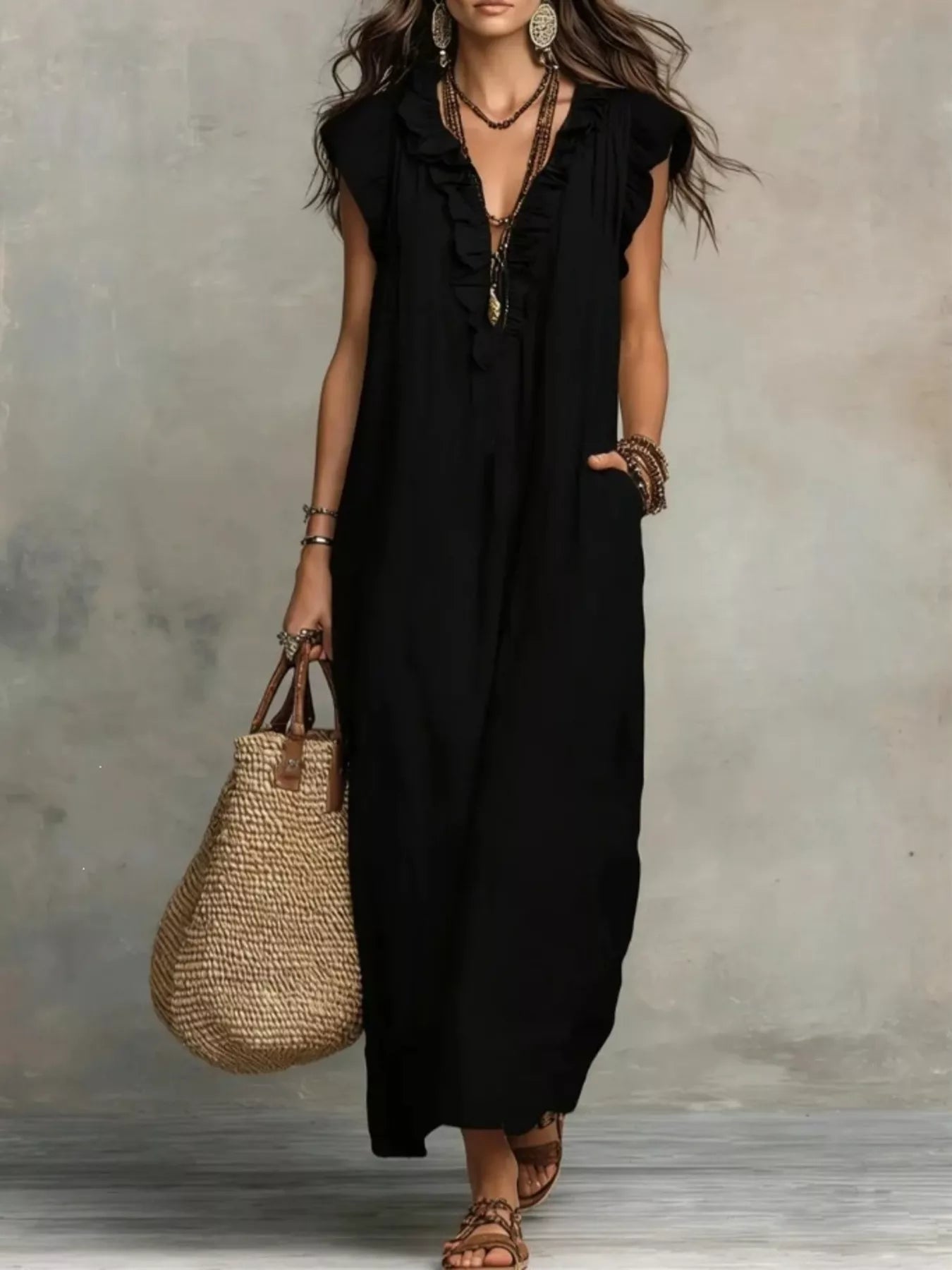 Full size ruffled V-neck cap sleeve maxi dress by Trendsi, featuring a flowing silhouette and elegant ruffle details.