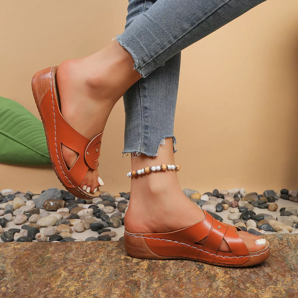 Open toe wedge sandals by Plush Fashion Hub featuring a stylish design with a comfortable heel and open toe for summer wear.