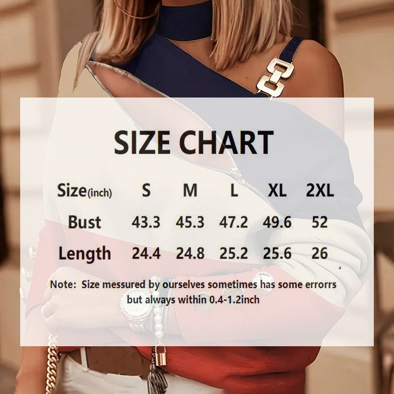 Color-blocked off-the-shoulder top in red, white, and blue, featuring a gold chain strap and size chart overlay.