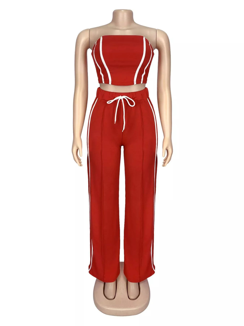 Trendsi sleeveless tube top and wide-leg pants set, stylish casual outfit with fitted top and flowy pants, in neutral fabric.