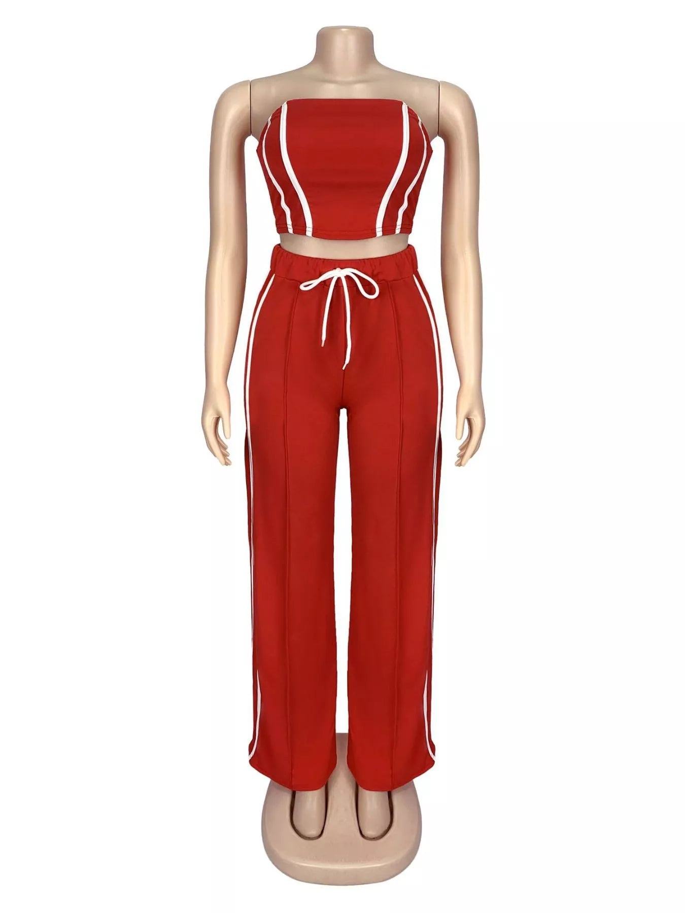 Trendsi sleeveless tube top and wide-leg pants set, stylish casual outfit with fitted top and flowy pants, in neutral fabric.