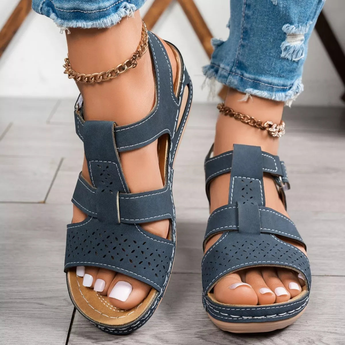 Open toe wedge sandals by Trendsi featuring a stylish design, slip-on footwear with a comfortable wedge heel and open toe detail.