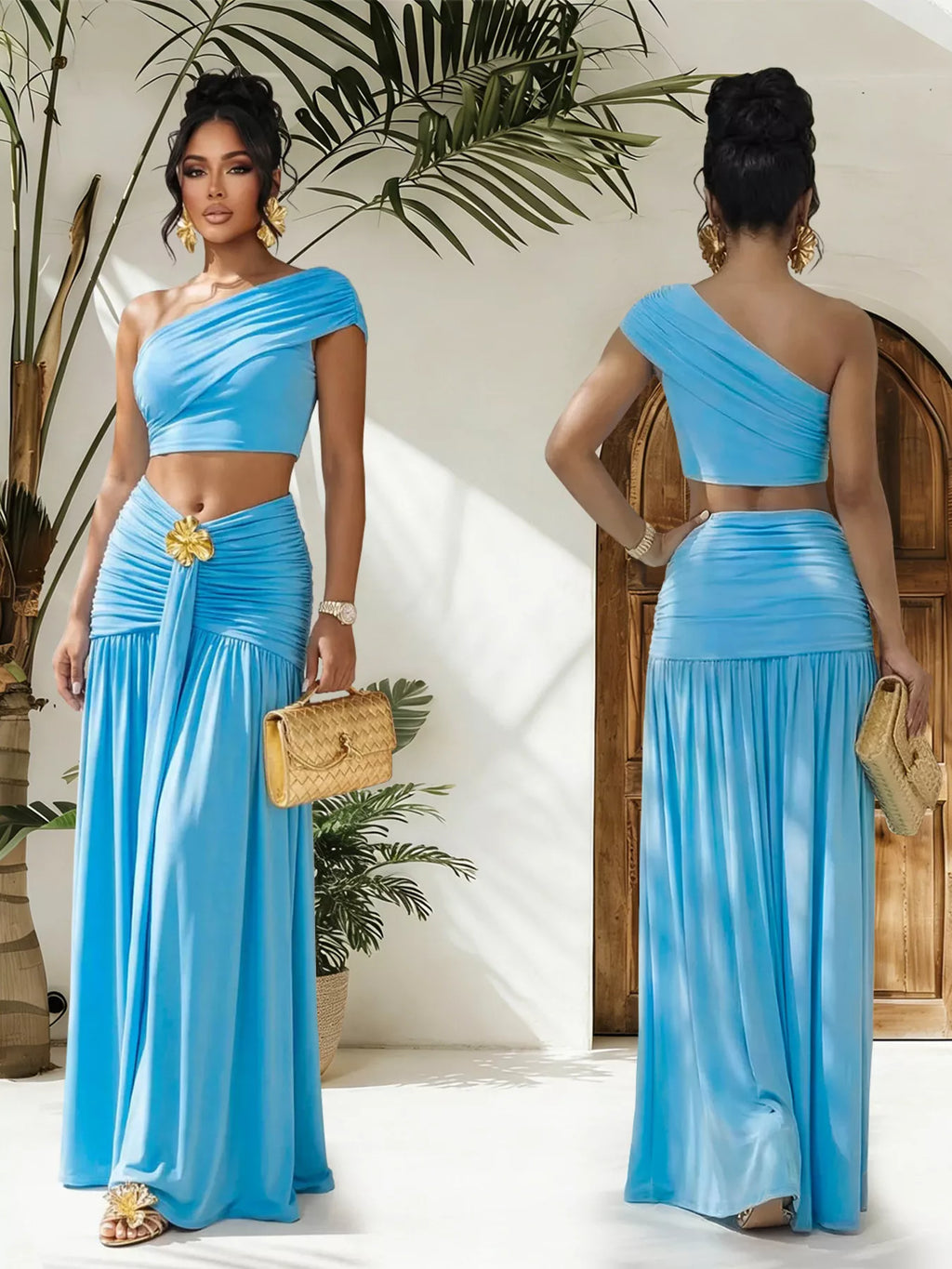 Trendsi one-shoulder top and ruched maxi skirt set, stylish matching outfit with a fitted top and flowy skirt in neutral tones.