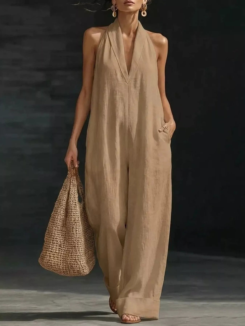 Halter neck wide-leg jumpsuit by Trendsi featuring a stylish design, with a fitted bodice and flowing wide-leg pants.