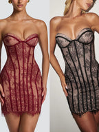 Lace detail tube mini dress from Trendsi featuring a fitted silhouette and elegant lace accents on a white background.