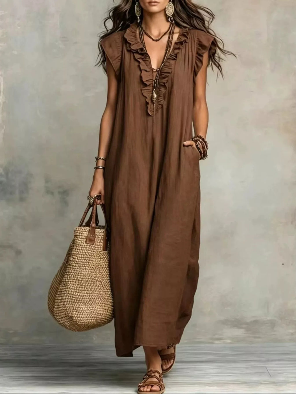 Plus size ruffled v-neck cap sleeve maxi dress by Trendsi, featuring flowing fabric and elegant ruffle details.