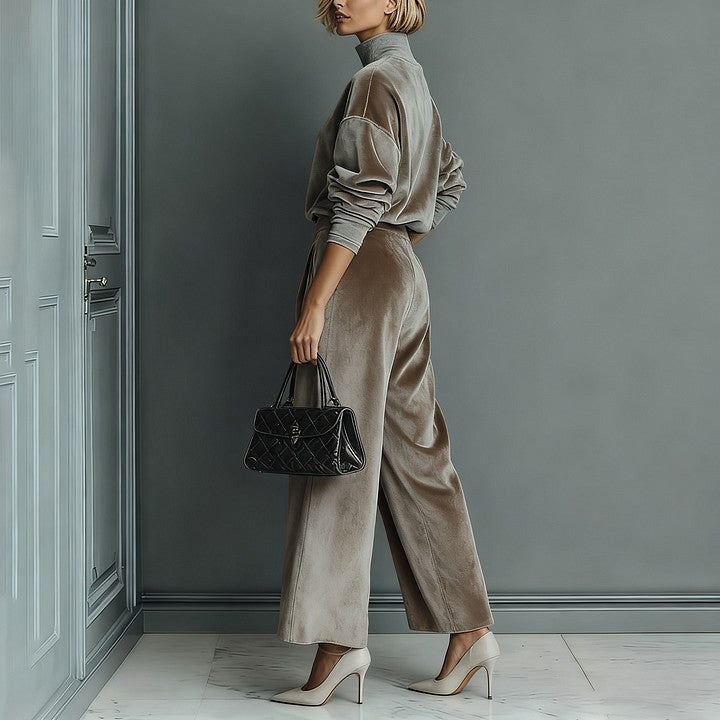 A woman models a taupe velour high-neck long-sleeve top and matching wide-leg trousers, holding a black quilted handbag.
