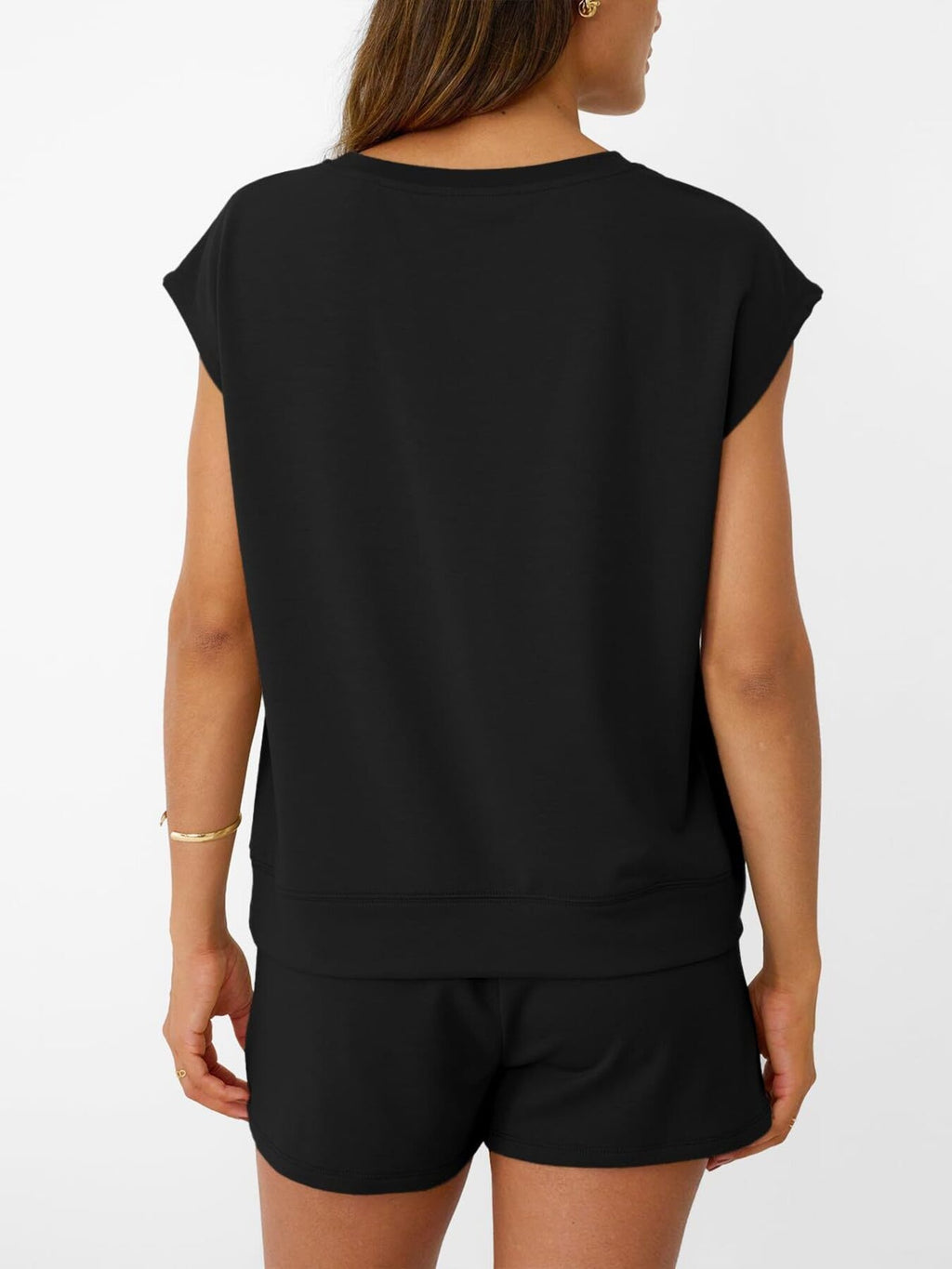 Women's soft round neck cap sleeve lounge set with drawstring shorts, featuring a relaxed fit and comfortable fabric.