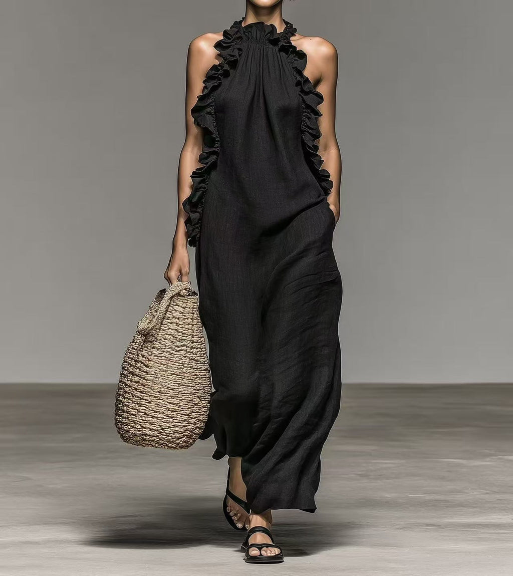 Flowy FitiqueFit halter neck sleeveless casual dress with ruffles and pockets, loose fit for a comfortable, stylish look.
