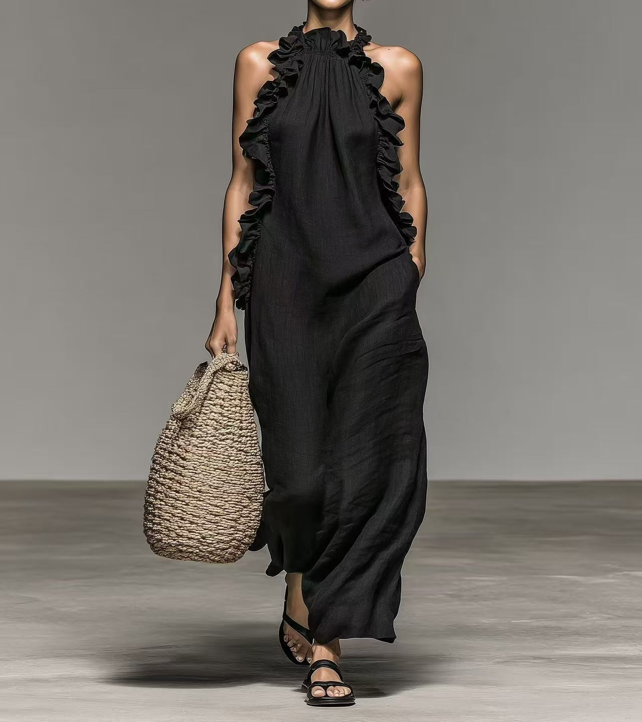 Flowy FitiqueFit halter neck sleeveless casual dress with ruffles and pockets, loose fit for a comfortable, stylish look.