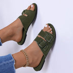 Double Buckle Flat Slide Sandals - Plush Fashion Hub