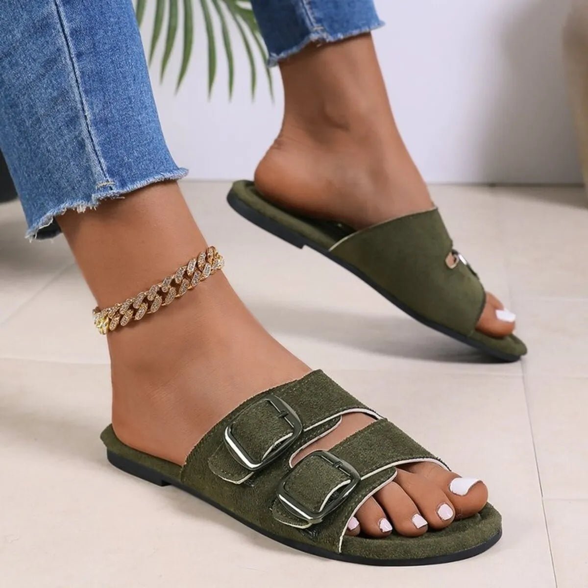 Double Buckle Flat Slide Sandals - Plush Fashion Hub