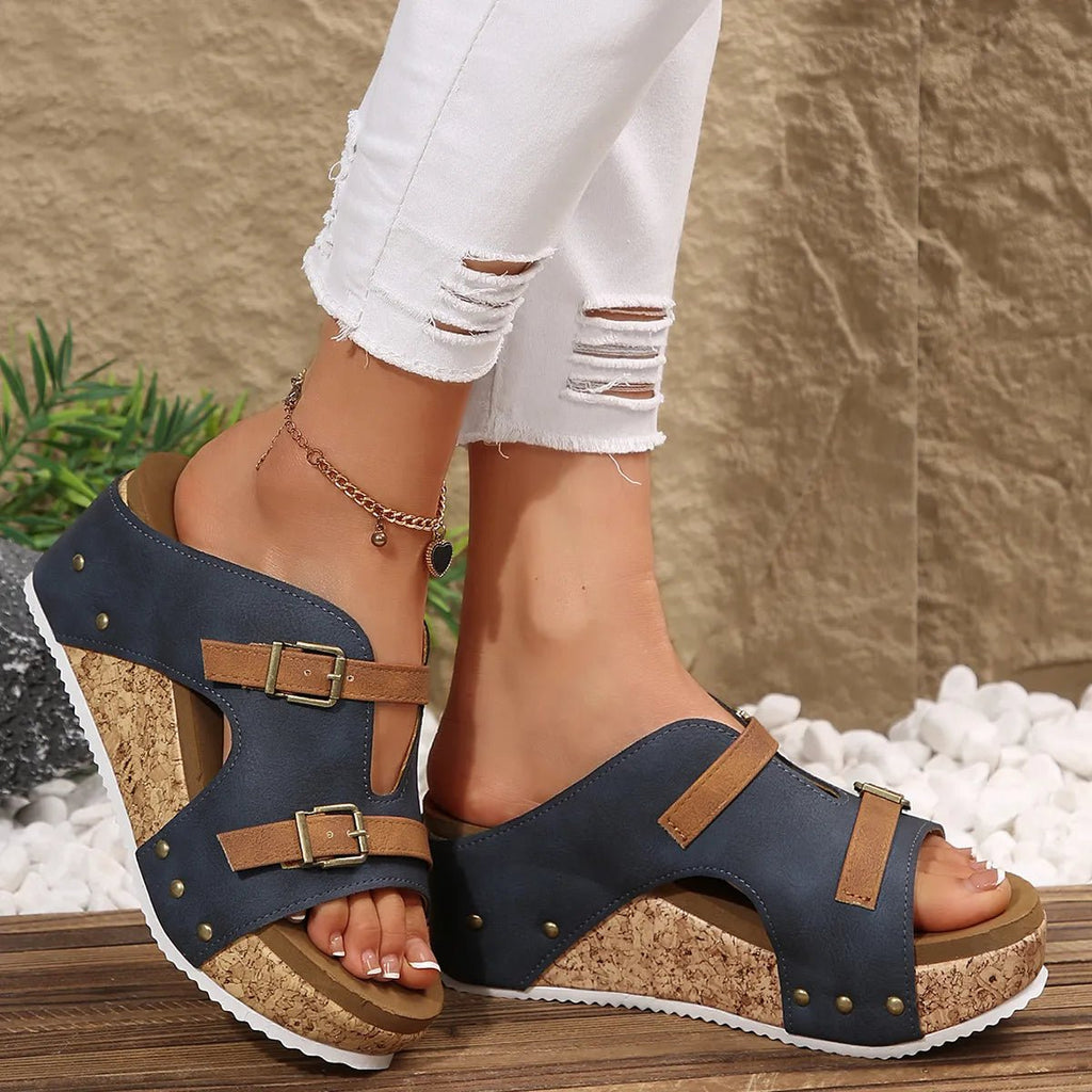 Double Buckle Platform Wedge Sandals - Plush Fashion Hub