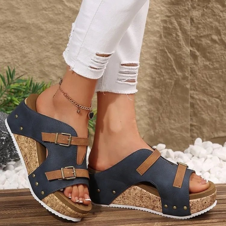Double Buckle Platform Wedge Sandals - Plush Fashion Hub