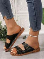 Double Buckle Strap Flat Sandals - Plush Fashion Hub