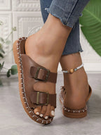 Double Buckle Strap Flat Sandals - Plush Fashion Hub