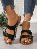 Double Buckle Strap Flat Sandals - Plush Fashion Hub
