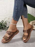 Double Buckle Strap Flat Sandals - Plush Fashion Hub