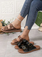 Double Buckle Strap Flat Sandals - Plush Fashion Hub