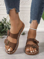 Double Buckle Strap Flat Sandals - Plush Fashion Hub