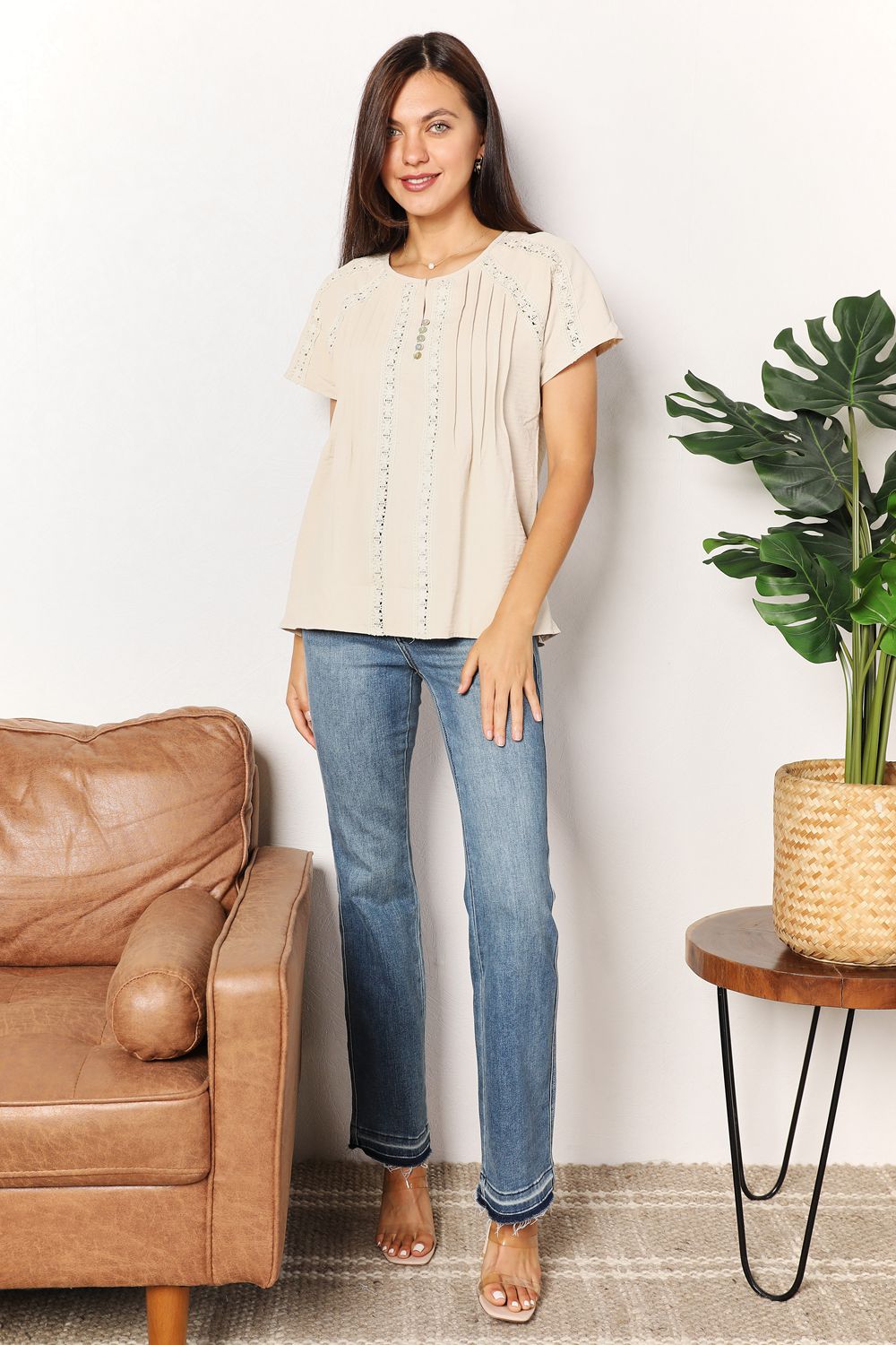 Double Take Crochet Buttoned Short Sleeves Top - Plush Fashion Hub