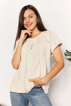 Double Take Crochet Buttoned Short Sleeves Top - Plush Fashion Hub