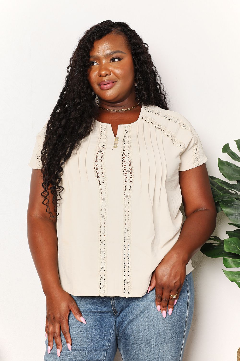 Double Take Crochet Buttoned Short Sleeves Top - Plush Fashion Hub