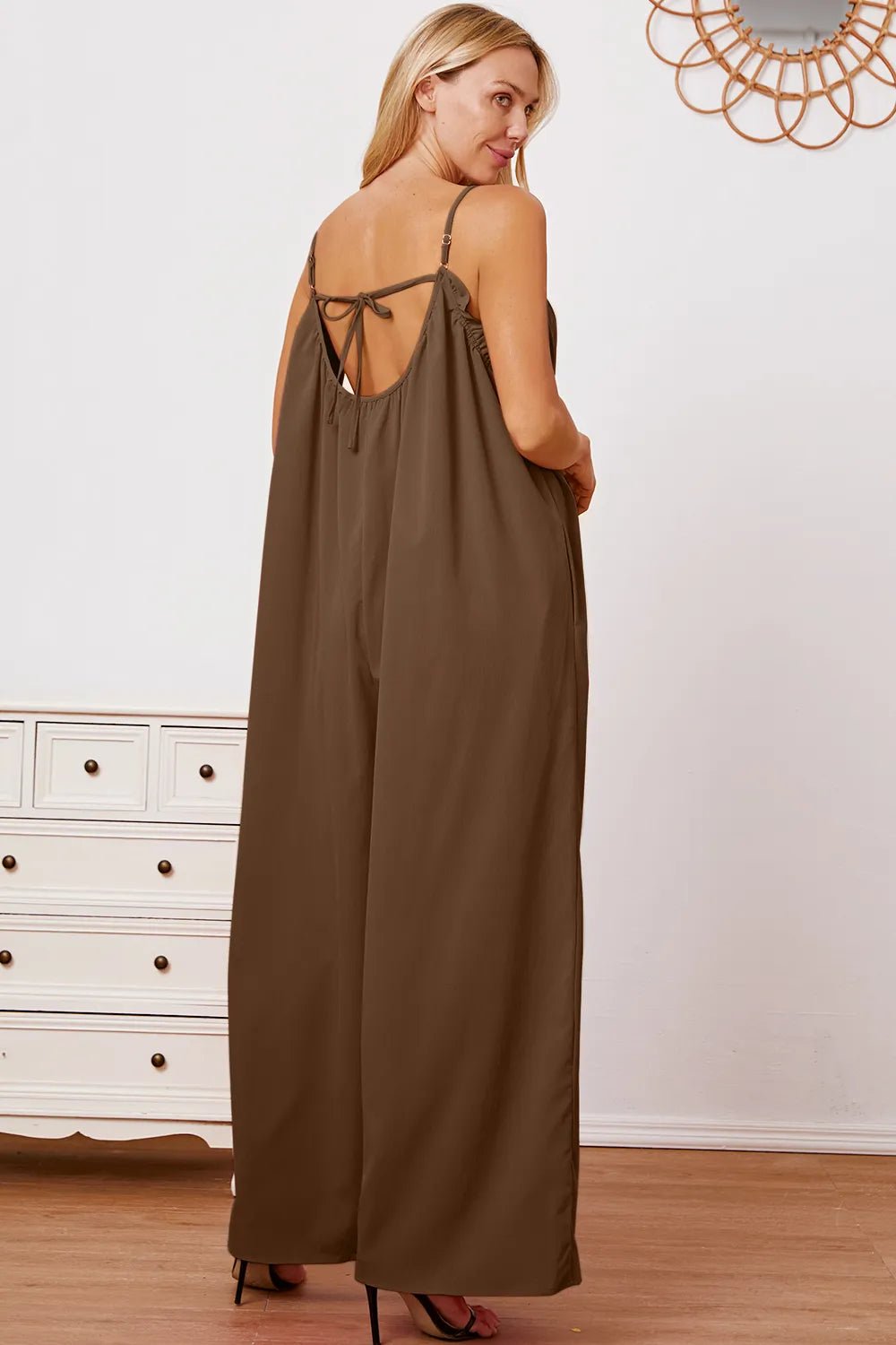 Double Take Full Size Ruffle Trim Tie Back Cami Jumpsuit with Pockets - Plush Fashion Hub
