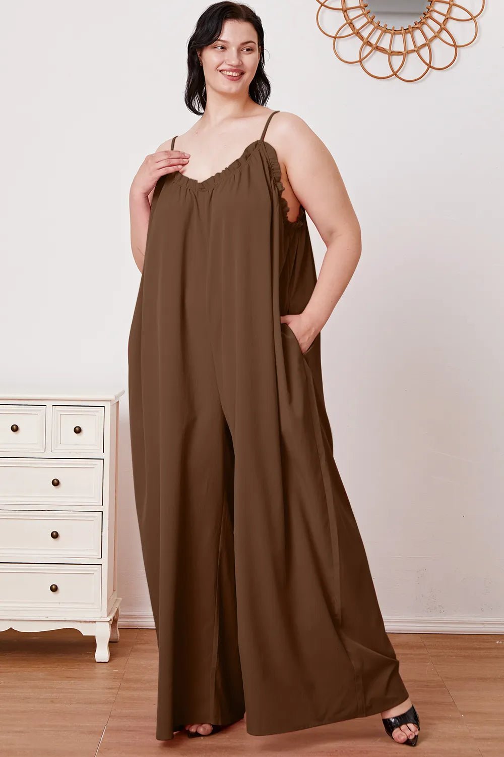 Double Take Full Size Ruffle Trim Tie Back Cami Jumpsuit with Pockets - Plush Fashion Hub