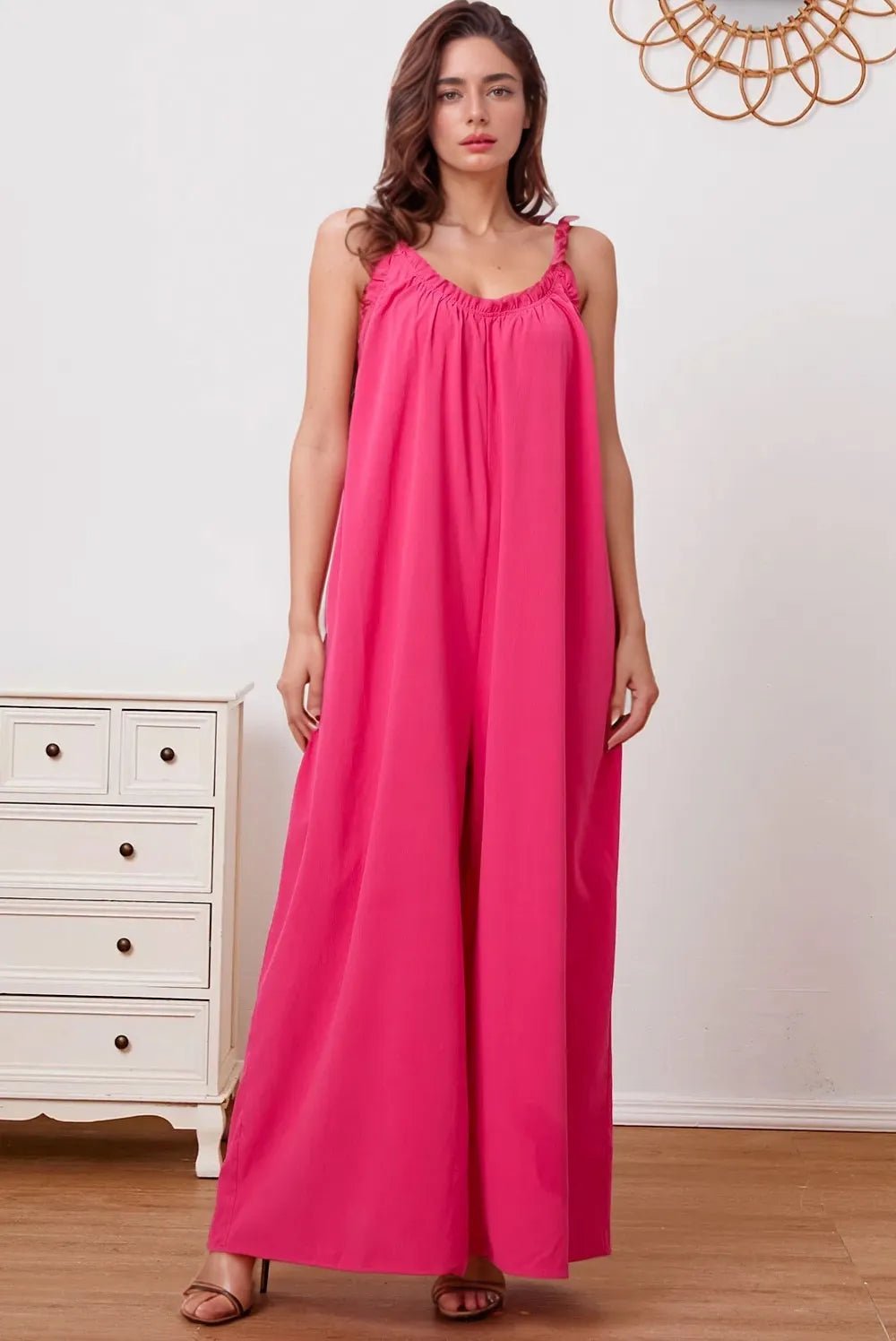 Double Take Full Size Ruffle Trim Tie Back Cami Jumpsuit with Pockets - Plush Fashion Hub